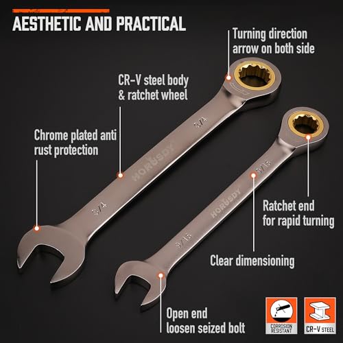 HORUSDY 12-Piece SAE Ratcheting Wrench Set | 1/4” to 7/8“ | Ratchet Combination Wrenches Set with Organizer | 72-Teeth | Chrome Vanadium Steel - Image 4