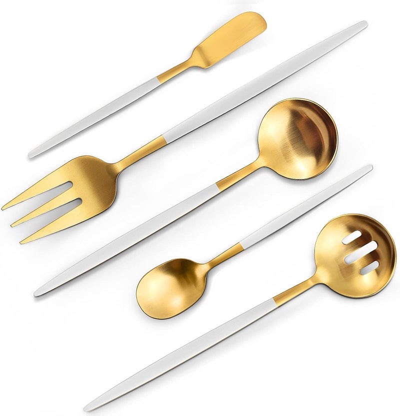 VANVRO Matte White Gold Serving Silverware Set 5Piece Round Shared Utensils Set of Stainless Steel Hostess Flatware Serving Set Satin Finish Dishwasher Safe - Image 1