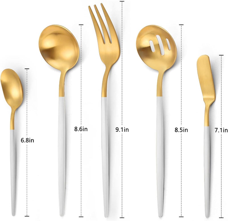 VANVRO Matte White Gold Serving Silverware Set 5Piece Round Shared Utensils Set of Stainless Steel Hostess Flatware Serving Set Satin Finish Dishwasher Safe - Image 2