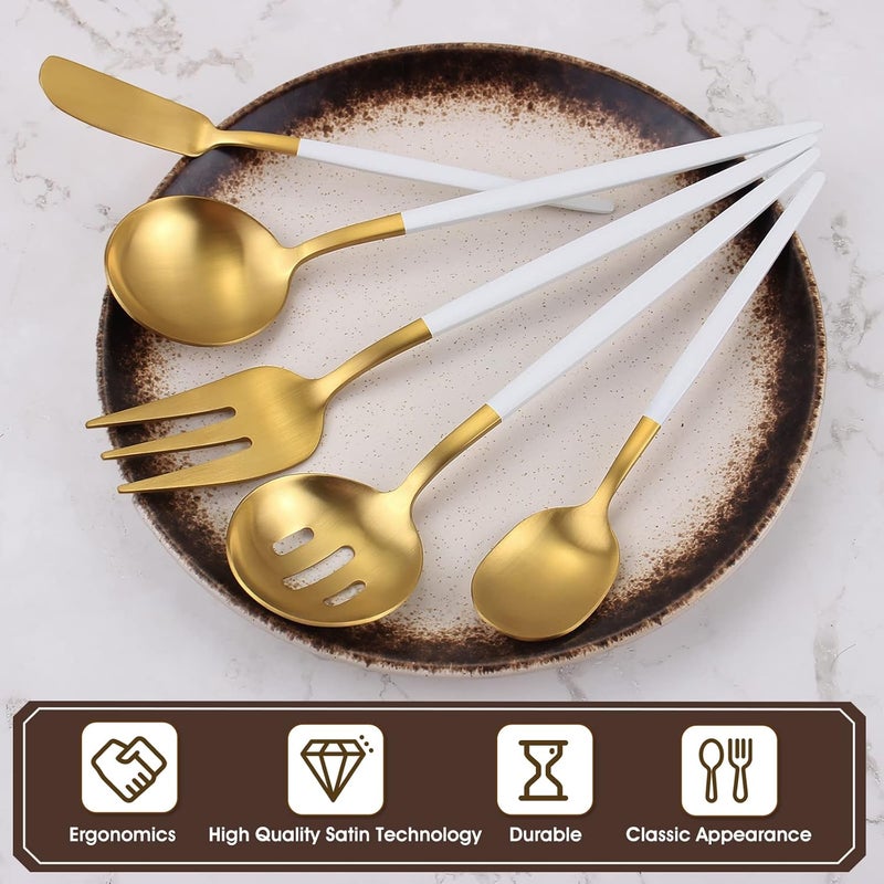 VANVRO Matte White Gold Serving Silverware Set 5Piece Round Shared Utensils Set of Stainless Steel Hostess Flatware Serving Set Satin Finish Dishwasher Safe - Image 3