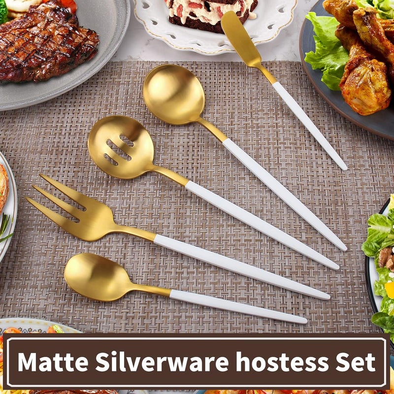 VANVRO Matte White Gold Serving Silverware Set 5Piece Round Shared Utensils Set of Stainless Steel Hostess Flatware Serving Set Satin Finish Dishwasher Safe - Image 5