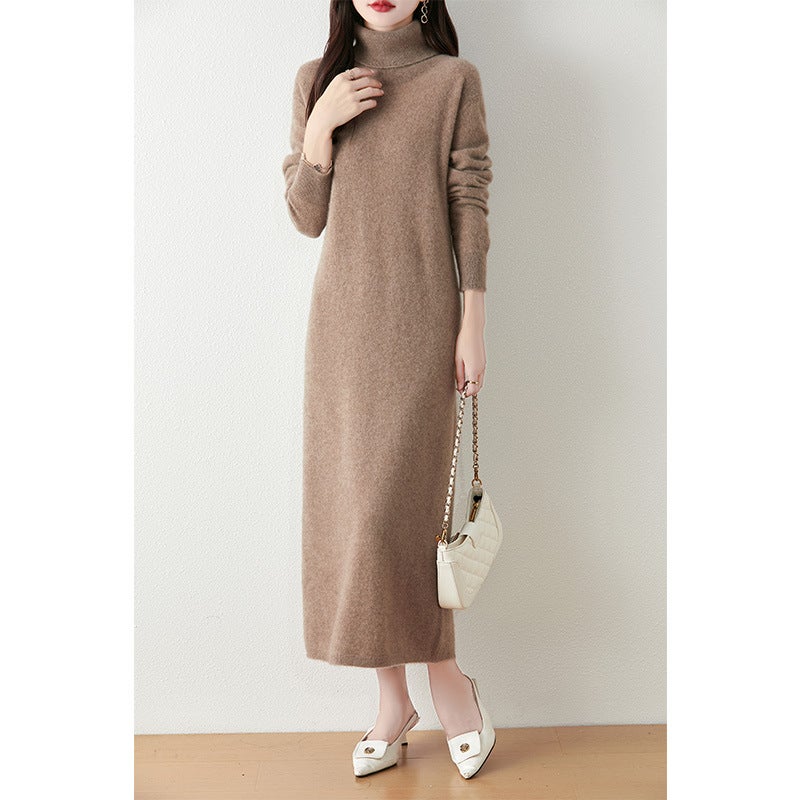 High Lapel 100 Pure Wool Skirt Midi Knitted dress Womens Loose Slimming Over-the-knee Elegant Sweater Dress Milk camel - Image 1