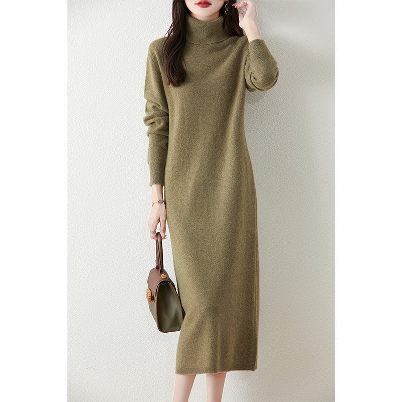 High Lapel 100 Pure Wool Skirt Midi Knitted dress Womens Loose Slimming Over-the-knee Elegant Sweater Dress Milk camel - Image 4