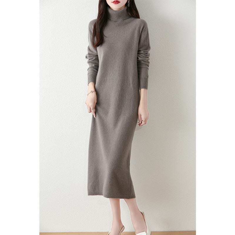 High Lapel 100 Pure Wool Skirt Midi Knitted dress Womens Loose Slimming Over-the-knee Elegant Sweater Dress Milk camel - Image 3
