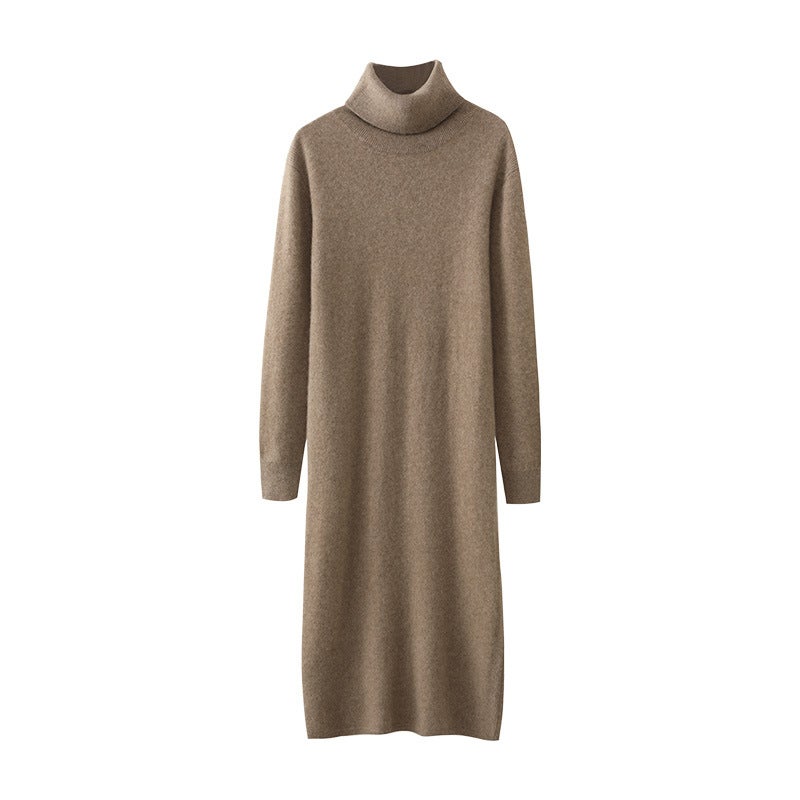 High Lapel 100 Pure Wool Skirt Midi Knitted dress Womens Loose Slimming Over-the-knee Elegant Sweater Dress Milk camel - Image 5