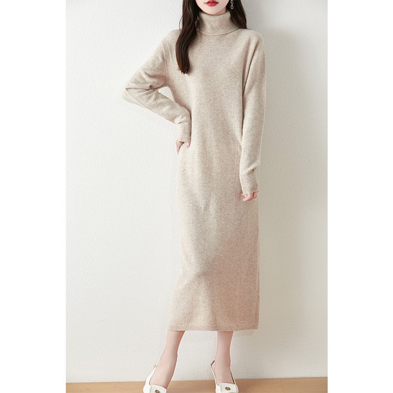 High Lapel 100 Pure Wool Skirt Midi Knitted dress Womens Loose Slimming Over-the-knee Elegant Sweater Dress Milk camel - Image 2