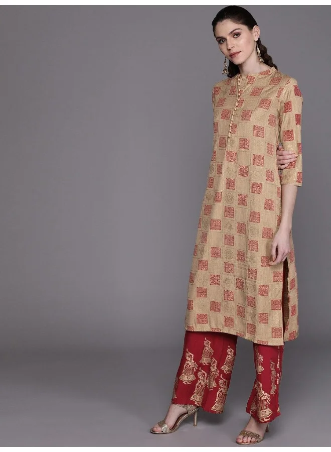 AKS AKS Geometric Printed Mandarin Collar Straight Kurta With Palazzos