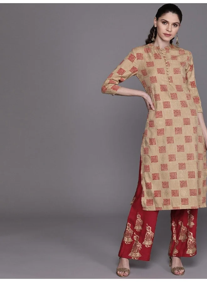 AKS AKS Geometric Printed Mandarin Collar Straight Kurta With Palazzos