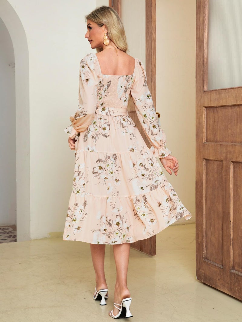 Amegoya Women's Floral Long Sleeve Midi Dress Boho Wedding Guest Dress Square Neck Smocked Tiered Flowy Dress (Floral Peach S) - Image 4