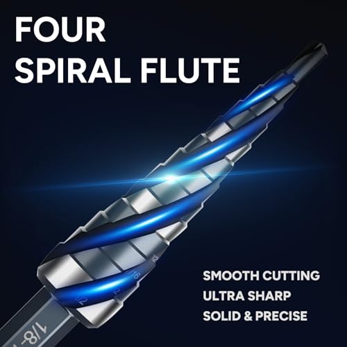 Bestwork Four Spiral Flute Step Drill Bit Set, 3PCS 1/8"-7/8" (59 Sizes), High-Speed Steel Unibit Step Bits with 1/4" Hex Shank for Stainless Steel Metal Aluminum Wood Plastic - Image 2