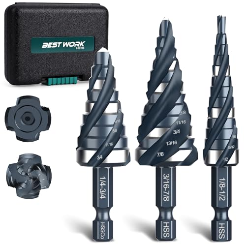Bestwork Four Spiral Flute Step Drill Bit Set, 3PCS 1/8"-7/8" (59 Sizes), High-Speed Steel Unibit Step Bits with 1/4" Hex Shank for Stainless Steel Metal Aluminum Wood Plastic - Image 1