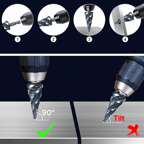 Bestwork Four Spiral Flute Step Drill Bit Set, 3PCS 1/8"-7/8" (59 Sizes), High-Speed Steel Unibit Step Bits with 1/4" Hex Shank for Stainless Steel Metal Aluminum Wood Plastic - Image 5