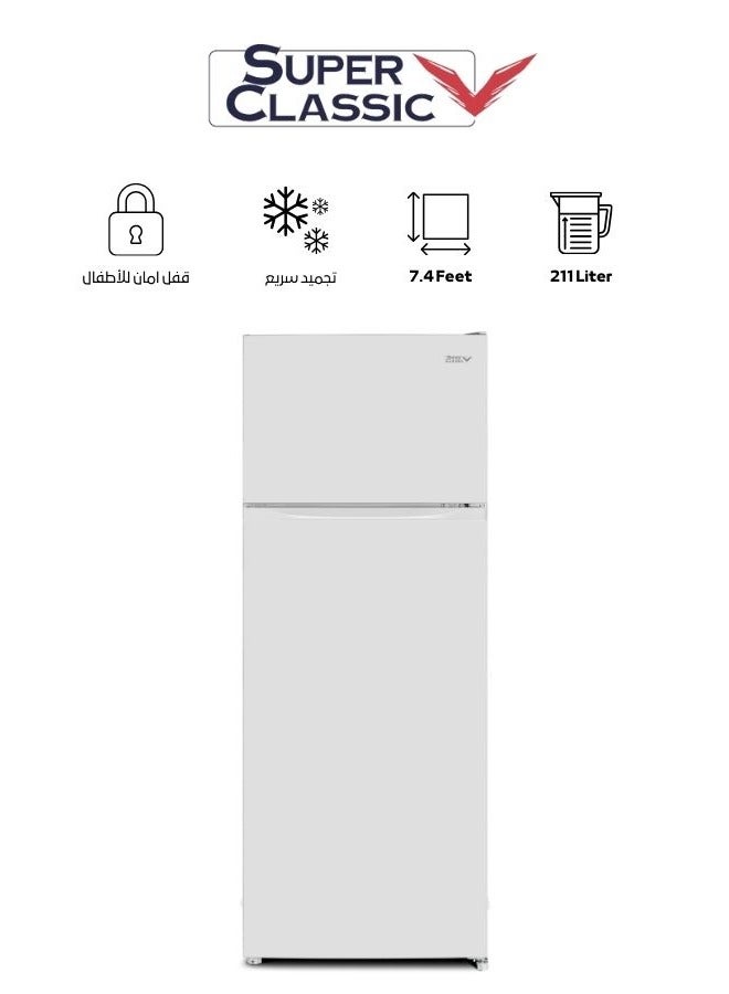 Super Classic Double Door Refrigerator with Freezer, 211 Liters, 7.4 Feet, White - SPCRF-387D - Image 1