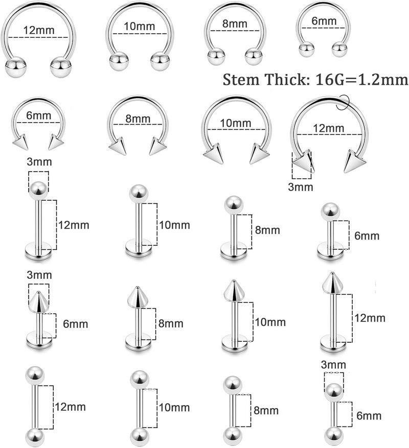 Surgical Steel Piercing Jewelry Set (includes lip studs, snake bite rings, labret bars, helix studs, septum rings, etc.; sizes 6mm/8mm/10mm/12mm; unisex) Silver Color  40PCS - Image 4