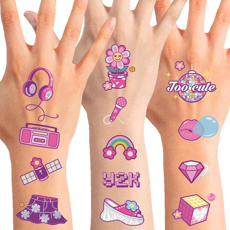 130pcs Y2K 2000s Glitter Silver Temporary Tattoos Y2K Party Decoration2000s Party Favor 00s Pink Face Fake Tattoo Gifts Bachelorette Birthday Stickers for Kids Girls Classroom Prizes Sticker