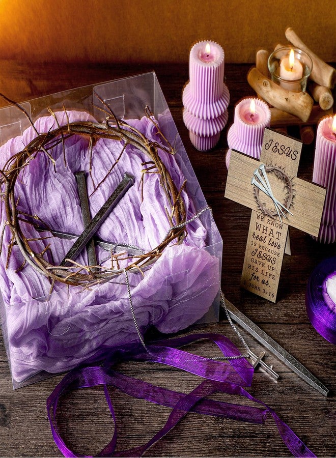 Burbell 9 Pcs Crown of Thorns Set 1 Christian Jesus 10'' Crown of Thorns 4 Crucifixion Nail 1 Purple Fabric 1 Cross Necklace 1 Cross Ornament 1 Gift Box 1 Purple Ribbon for Easter Jesus Christ Decor - Image 4