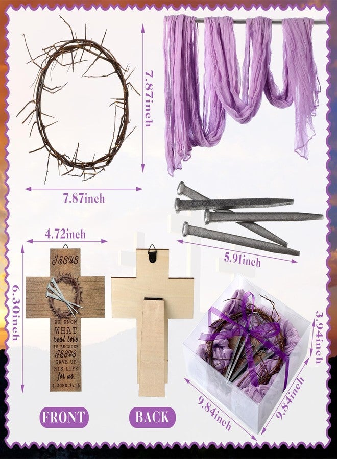 Burbell 9 Pcs Crown of Thorns Set 1 Christian Jesus 10'' Crown of Thorns 4 Crucifixion Nail 1 Purple Fabric 1 Cross Necklace 1 Cross Ornament 1 Gift Box 1 Purple Ribbon for Easter Jesus Christ Decor - Image 3