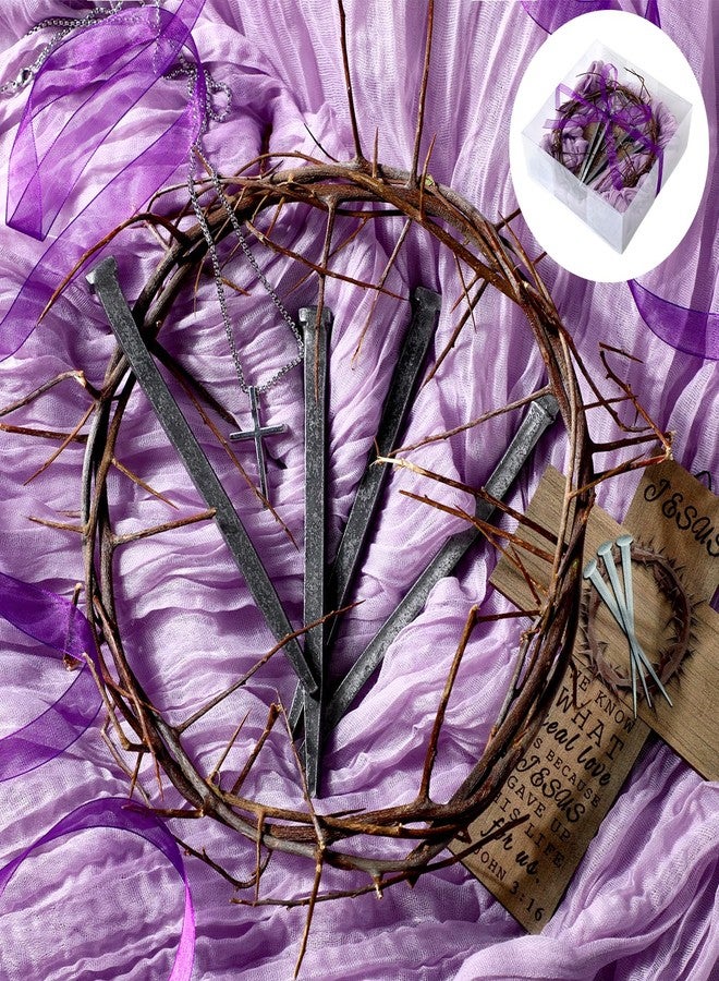 Burbell 9 Pcs Crown of Thorns Set 1 Christian Jesus 10'' Crown of Thorns 4 Crucifixion Nail 1 Purple Fabric 1 Cross Necklace 1 Cross Ornament 1 Gift Box 1 Purple Ribbon for Easter Jesus Christ Decor - Image 1