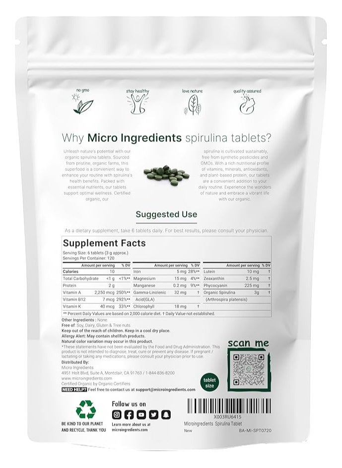 Micro Ingredients - Micro Ingredients Organic Spirulina Supplement  - 720 Tablets - Image 1