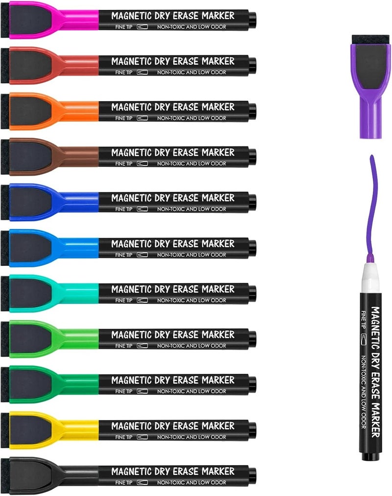 SWIUKPHE 12 Pack Magnetic Whiteboard Markers, Fine Tip Dry Erase Markers with Eraser, Low Odor Non-Toxic Thin Markers, Calendar Boards, Fridge, School & Office Supplies - Image 1