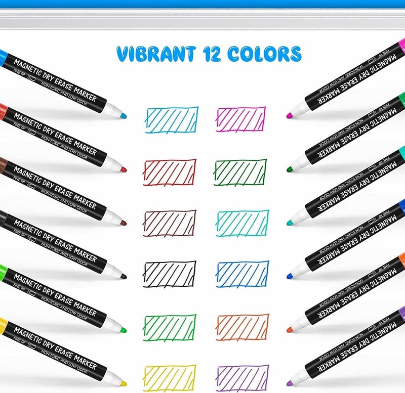 SWIUKPHE 12 Pack Magnetic Whiteboard Markers, Fine Tip Dry Erase Markers with Eraser, Low Odor Non-Toxic Thin Markers, Calendar Boards, Fridge, School & Office Supplies - Image 5