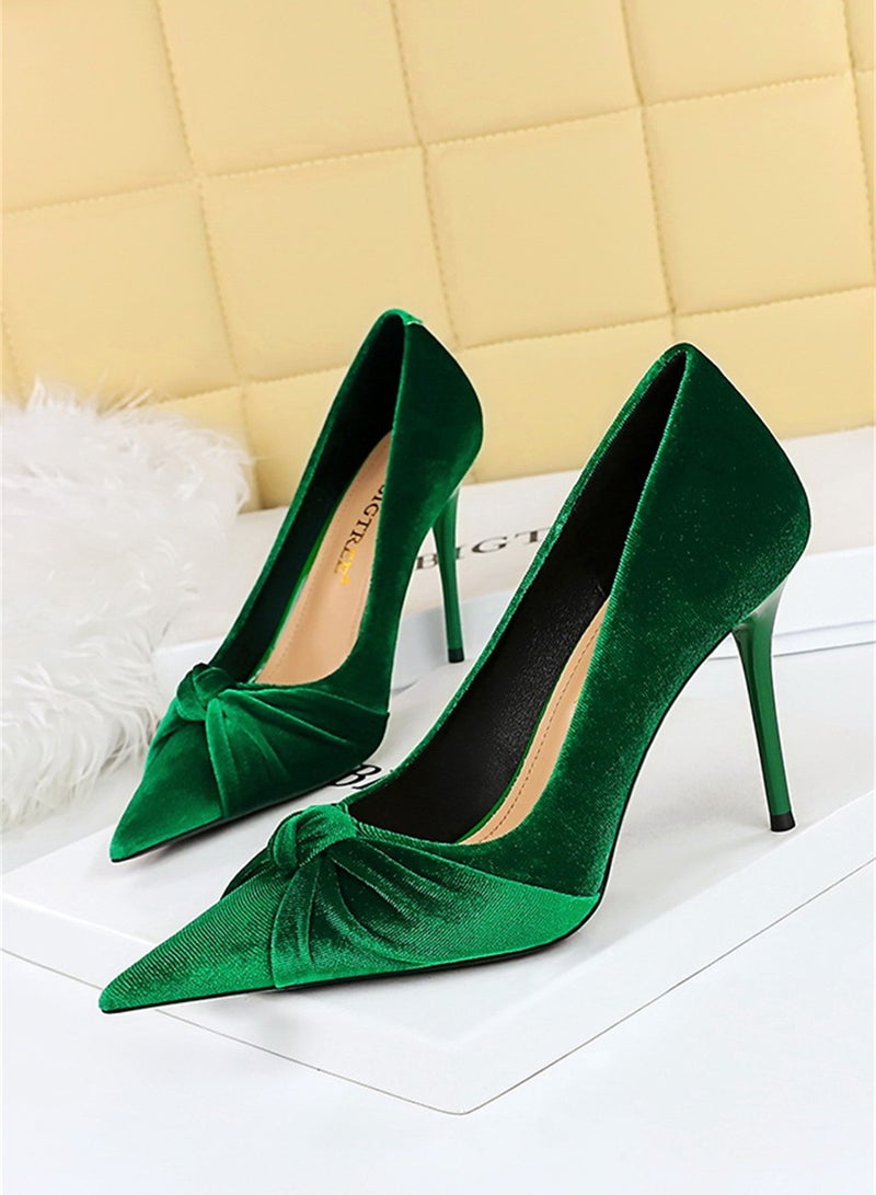 بيج تري نمط طرف عال كعب خفيّ يفتح إصبع قدم فرو القوس وحيد حذاء 10CM أخضر - Image 1