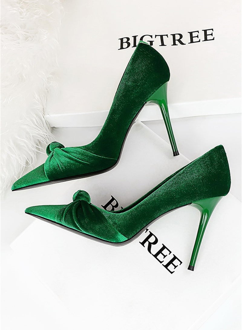 بيج تري نمط طرف عال كعب خفيّ يفتح إصبع قدم فرو القوس وحيد حذاء 10CM أخضر - Image 2