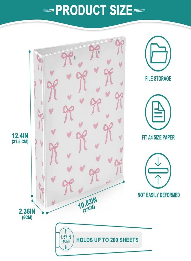 Aslsiy Cute Coquette Pink Bow 3 Ring Binder 1.5 Inch Girls White Round Clipboard Binder Decorative Harcover Binders Organizer for Office Supplies - Image 3