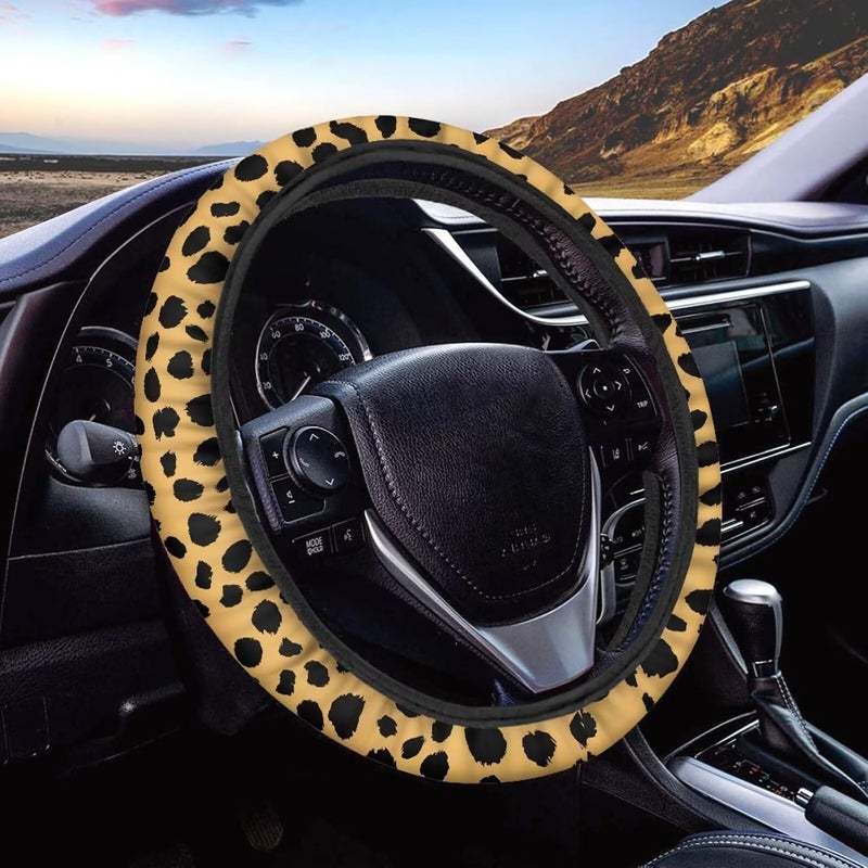 Universal Non-Slip Steering Wheel Cover, 15-inch Polyester Material Driving Accessories, Adjustable for Car and Truck(Classic Amber Leopard) - Image 1