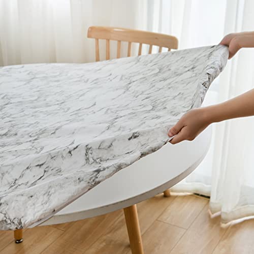 NLMUVW Round Fitted Vinyl Tablecloth with Elastic Edge 100% Waterproof Oil Proof PVC Table Cloth Wipe Clean Table Cover for Indoor and Outdoor, White Marbling, 40"- 44" - Image 4