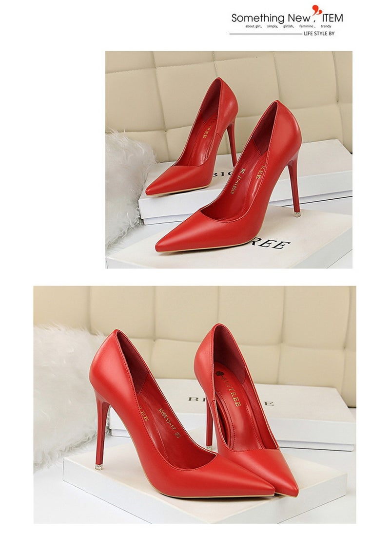 BIGTREE 10.5CM Fashion Simple Slim Heels With Bright Surface Patent Leather Shallow Mouth Pointed Head Slim Women's Heels Red  - Image 2