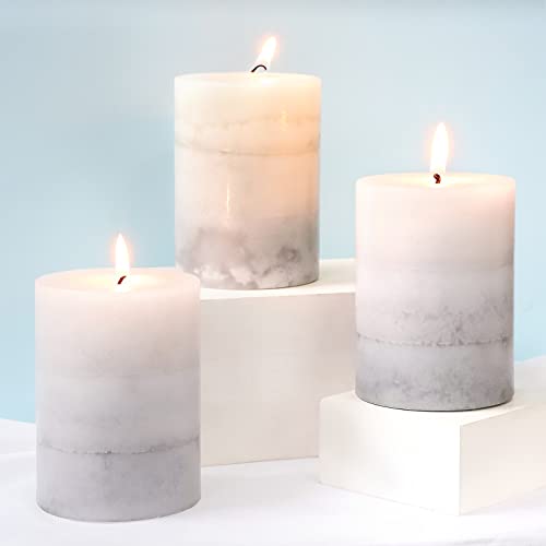 FLAVCHARM Set of 3 Scented Pillar Candles Creamy Coconut Scented 3" x 4" Long-Lasting Burn Candle White Gray Palette Pillar Candle Clean Burning No Drip Candles Gift for Home Party Dinner Table Decor - Image 1