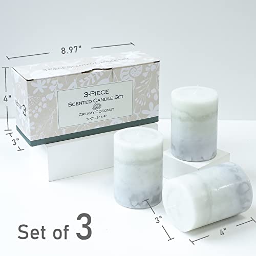 FLAVCHARM Set of 3 Scented Pillar Candles Creamy Coconut Scented 3" x 4" Long-Lasting Burn Candle White Gray Palette Pillar Candle Clean Burning No Drip Candles Gift for Home Party Dinner Table Decor - Image 4