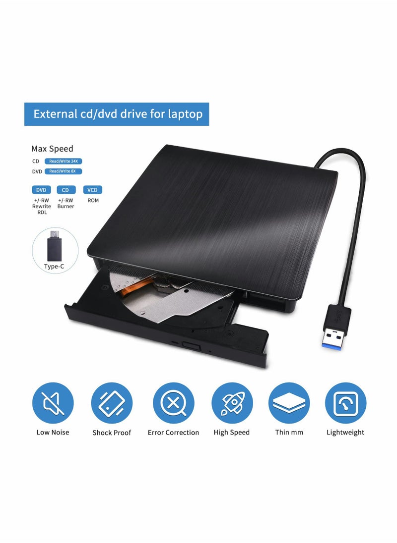 Excefore - External DVD Drive USB 3.0 Type-C USB C Portable DVD Player for Laptop CD DVD +/-RW Disk Drive CD ROM Burner Writer CD/DVD Burner Reader Compatible with Laptop Desktop Windows Linux OS Apple MacBook - Image 1