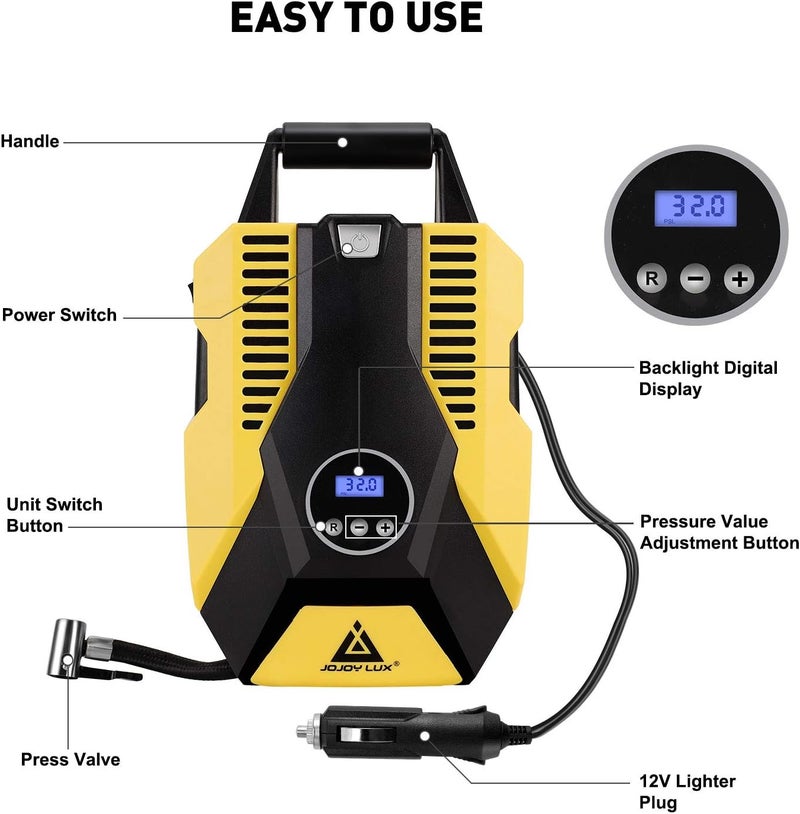 JOJOY LUX Digital Tire Inflator 12V DC Portable Auto Air Compressor Pump - Image 2