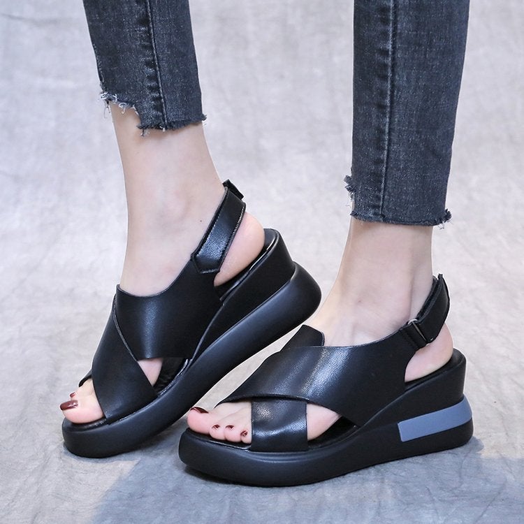 Thick-Soled Wedge Sandals Women'S 2022 New Summer Casual Fish-Toe Women'S Shoes Soft Leather Platform-Heel Women'S Shoes - Image 2