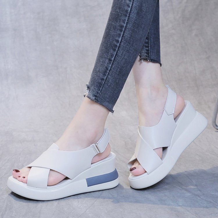 Thick-Soled Wedge Sandals Women'S 2022 New Summer Casual Fish-Toe Women'S Shoes Soft Leather Platform-Heel Women'S Shoes - Image 4
