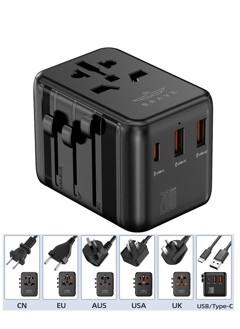 Brave محول طاقة عالمي للسفر الدولي مزود بمنفذين عالي السرعة QC 3.0 USB-A وPD 20 وات 3.0 أمبير USB-C شاحن حائط، محول أوروبي، محولات مقابس التيار المتردد العالمية لأوروبا والمملكة المتحدة والولايات المتحدة وأستراليا وآسيا  - Image 1