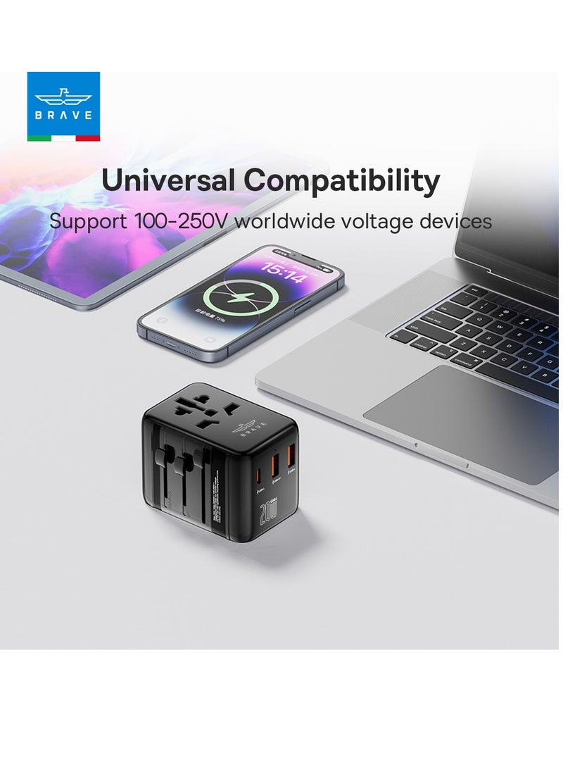Brave محول طاقة عالمي للسفر الدولي مزود بمنفذين عالي السرعة QC 3.0 USB-A وPD 20 وات 3.0 أمبير USB-C شاحن حائط، محول أوروبي، محولات مقابس التيار المتردد العالمية لأوروبا والمملكة المتحدة والولايات المتحدة وأستراليا وآسيا  - Image 3