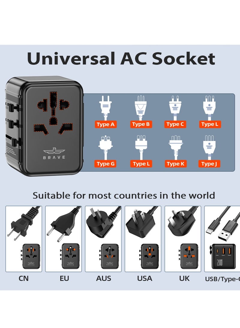 Brave محول طاقة عالمي للسفر الدولي مزود بمنفذين عالي السرعة QC 3.0 USB-A وPD 20 وات 3.0 أمبير USB-C شاحن حائط، محول أوروبي، محولات مقابس التيار المتردد العالمية لأوروبا والمملكة المتحدة والولايات المتحدة وأستراليا وآسيا  - Image 5