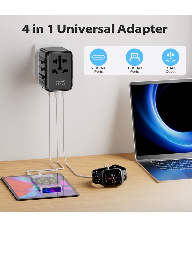 Brave محول طاقة عالمي للسفر الدولي مزود بمنفذين عالي السرعة QC 3.0 USB-A وPD 20 وات 3.0 أمبير USB-C شاحن حائط، محول أوروبي، محولات مقابس التيار المتردد العالمية لأوروبا والمملكة المتحدة والولايات المتحدة وأستراليا وآسيا  - Image 2