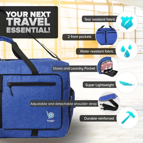 Bago Foldable Duffel Bags for Traveling Women & Men - 60L Medium Packable Duffle Bag for Travel with Shoe Compartment - Water Repellant, Heavy Duty, Lightweight Folding & Collapsible (SnowDepBlue) - Image 3