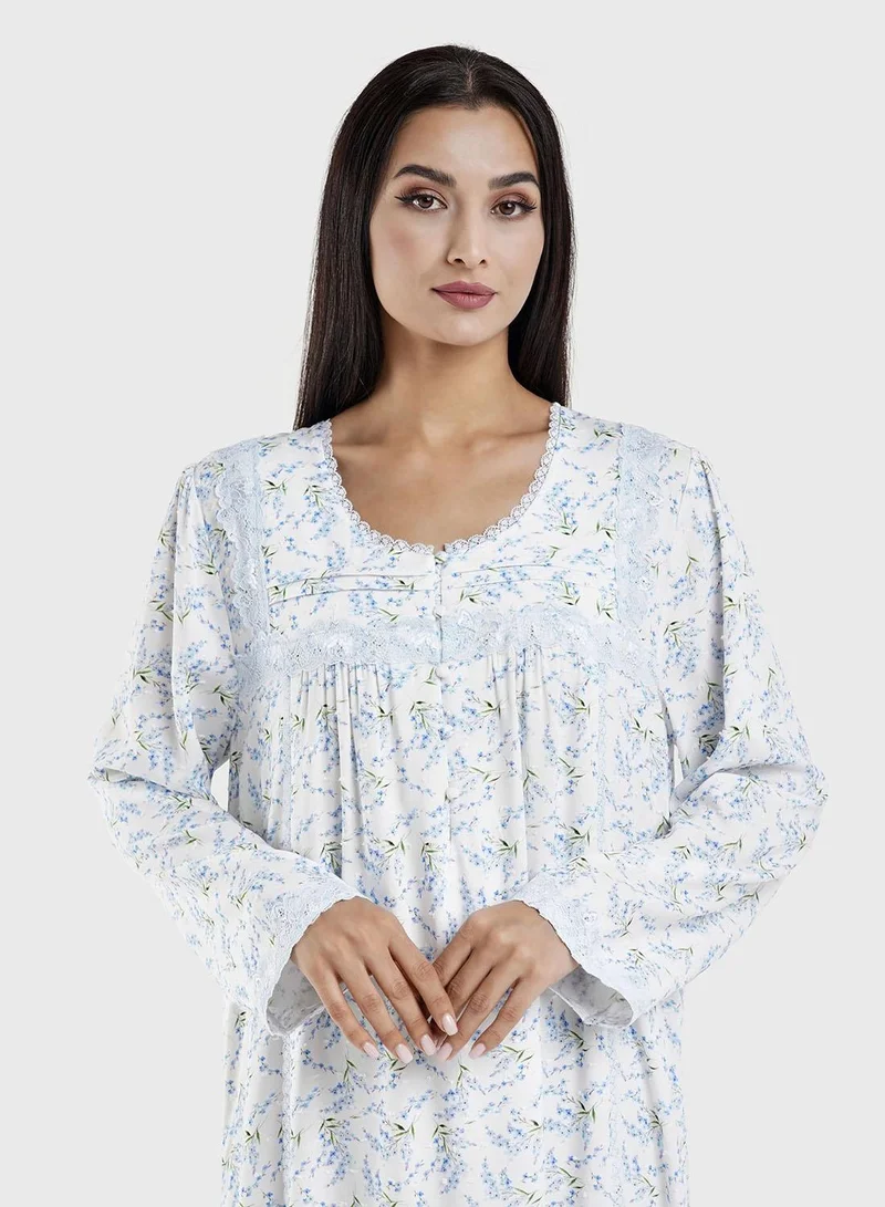 كشخة White Viscose Floral Print Nightwear Dress (CNH460)