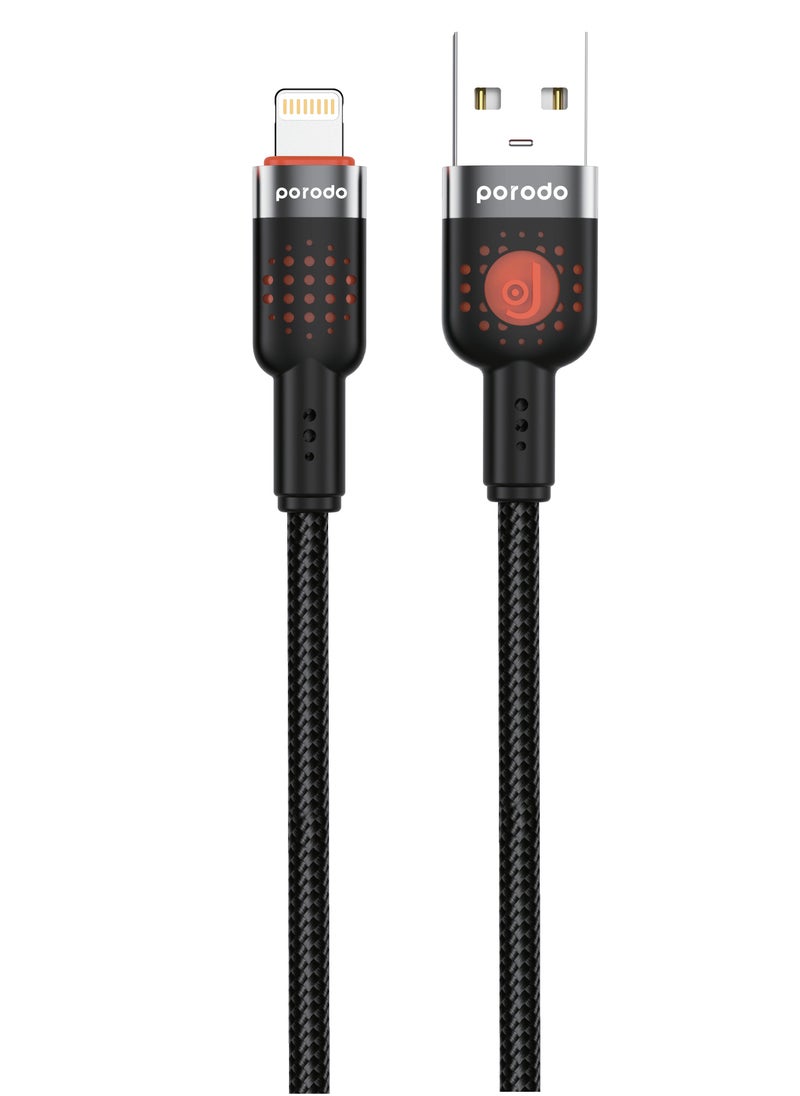 porodo Aluminum Alloy Braided Cable USB-A to Lightning 1.2m / 480Mbps Transfer Speed / Tangle Free Cord - Black  - Image 1