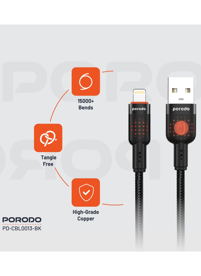 porodo Aluminum Alloy Braided Cable USB-A to Lightning 1.2m / 480Mbps Transfer Speed / Tangle Free Cord - Black  - Image 2
