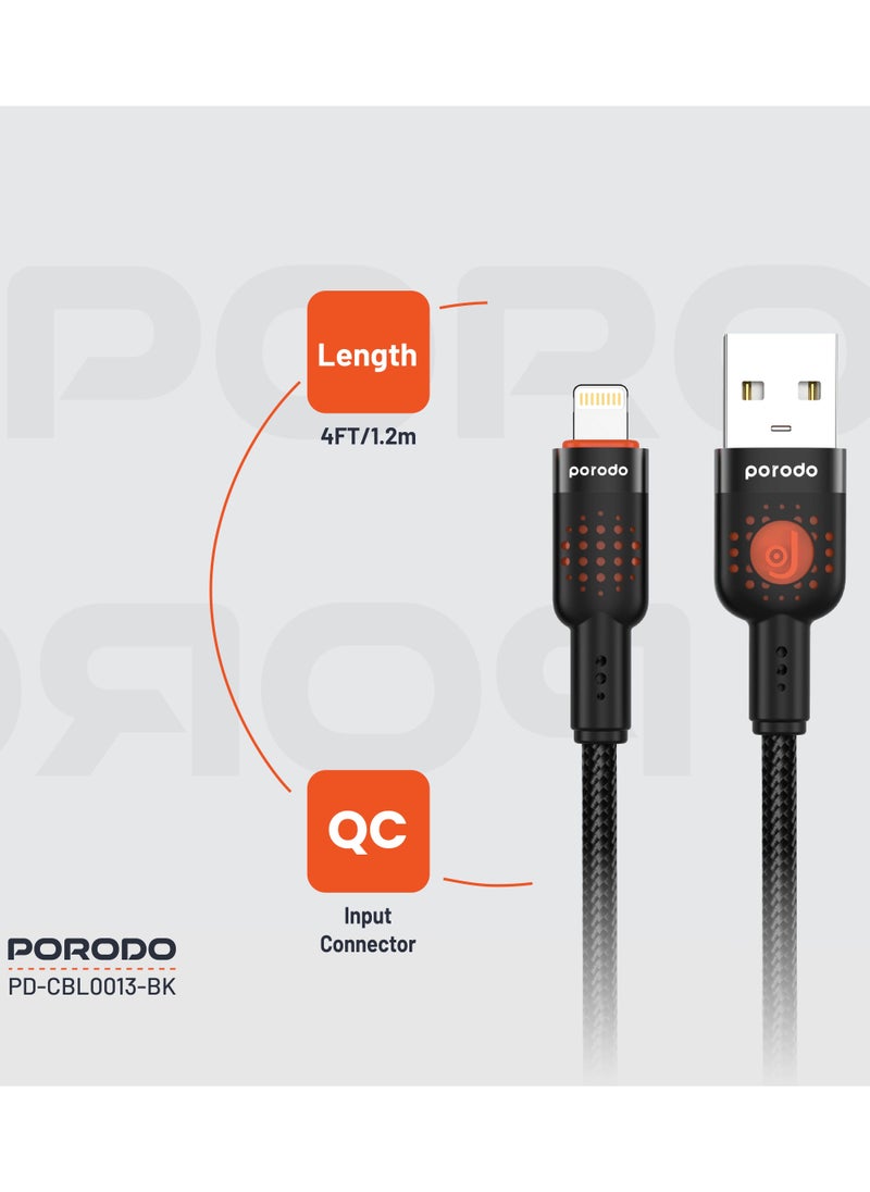 porodo Aluminum Alloy Braided Cable USB-A to Lightning 1.2m / 480Mbps Transfer Speed / Tangle Free Cord - Black  - Image 3