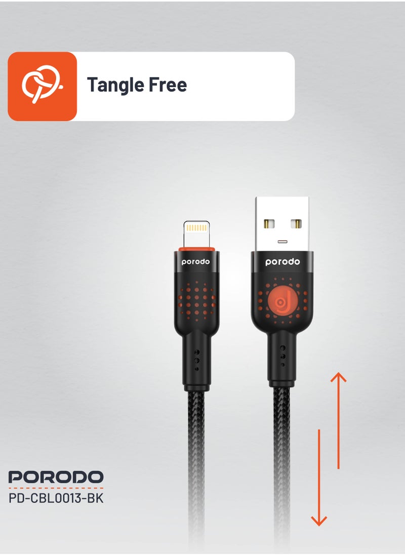 porodo Aluminum Alloy Braided Cable USB-A to Lightning 1.2m / 480Mbps Transfer Speed / Tangle Free Cord - Black  - Image 4