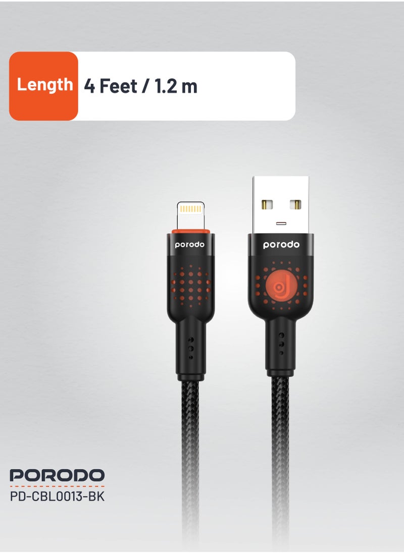 porodo Aluminum Alloy Braided Cable USB-A to Lightning 1.2m / 480Mbps Transfer Speed / Tangle Free Cord - Black  - Image 5