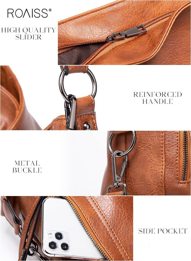 roaiss Women's PU Leather Large Crossbody Bags Ladies Shoulder Handbags Purse 2-Piece Set for Women Hobo Totes Purses and Handbags Shoulder Bag Vegan Leather Tote Adjustable Waterproof Daypack Brown - Image 3