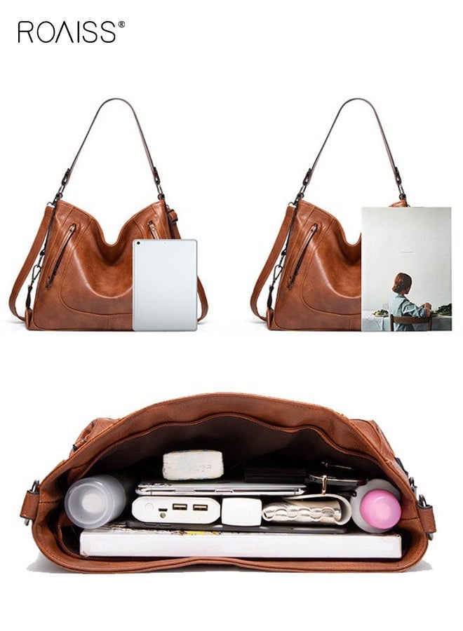 roaiss Women's PU Leather Large Crossbody Bags Ladies Shoulder Handbags Purse 2-Piece Set for Women Hobo Totes Purses and Handbags Shoulder Bag Vegan Leather Tote Adjustable Waterproof Daypack Brown - Image 4